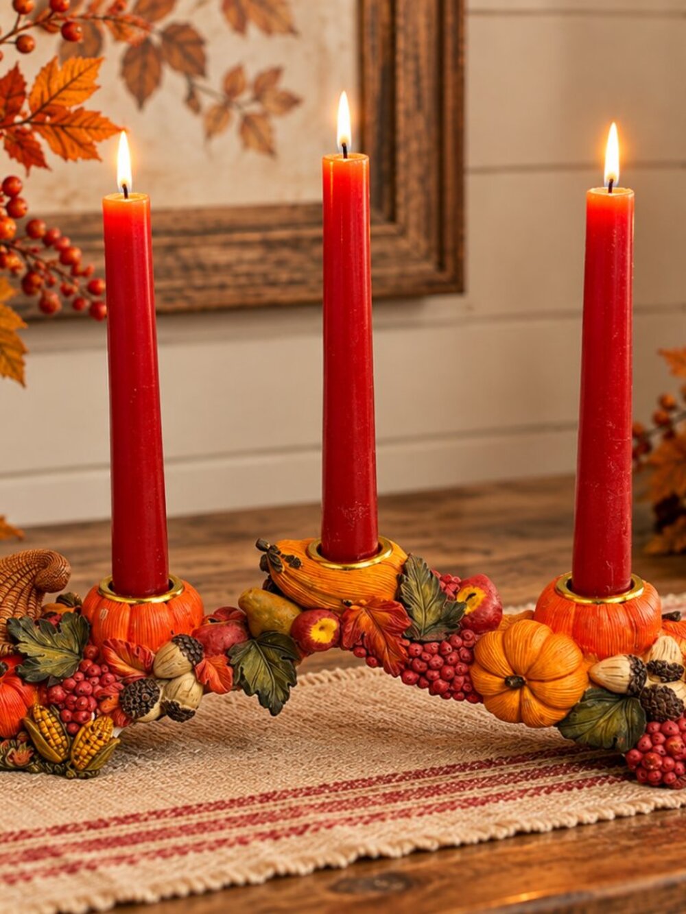 Vintage Harvest Thanksgiving Triple Taper Candle Holder 11” Fall Cornucopia Deco